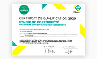 le certificat de qualification syndic de copropriété spécialiste éco rénovation en copropriété obtenu par Gautard Immobilier